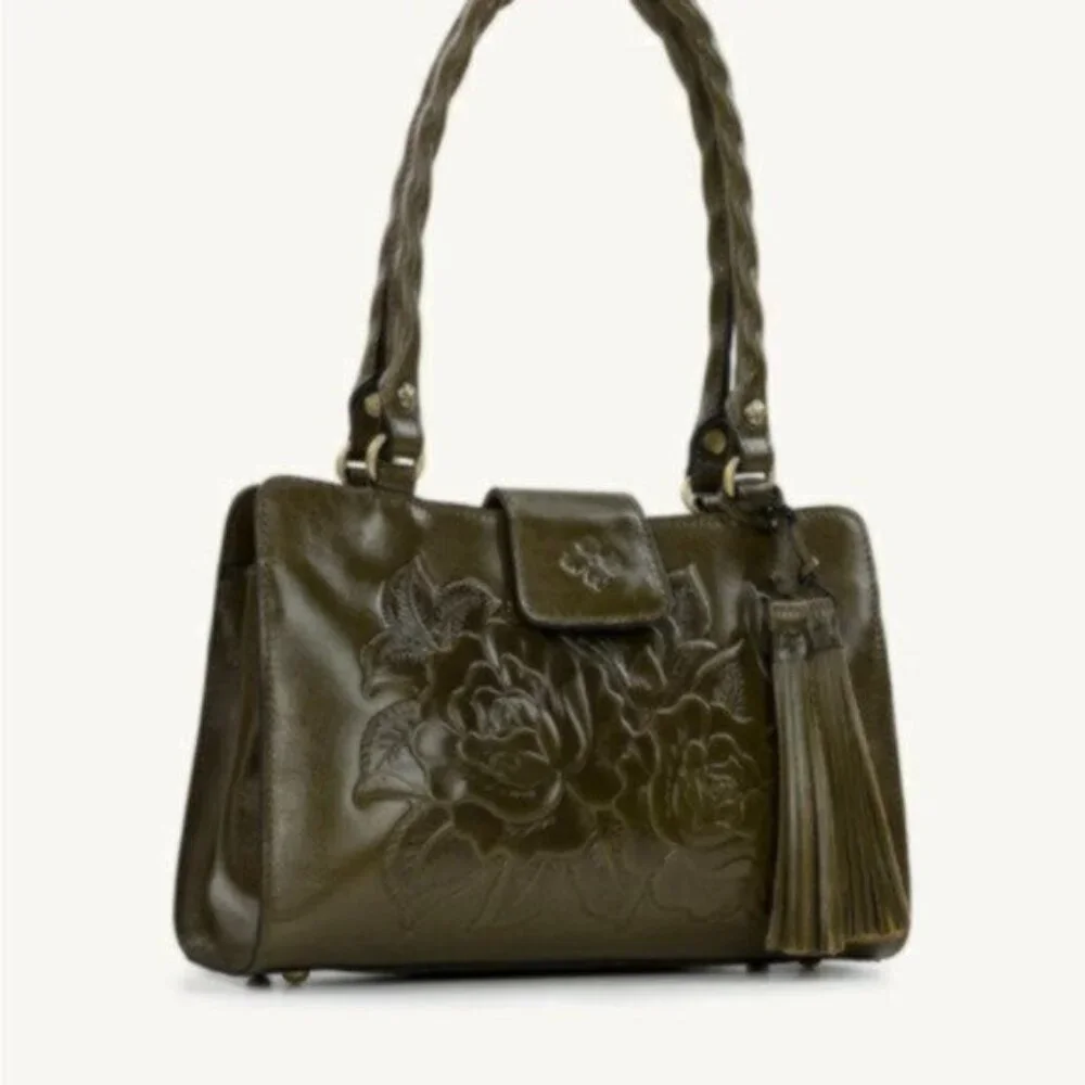 Patricia Nash Rienzo Satchel Vtg Rose Tooled Leather Soft Olive Green W Tassel